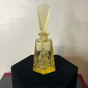 Art Deco Czechoslovakia Yellow Floral Vaseline Glowy Glass Perfume Bottle Dauber - Picture 1 of 15