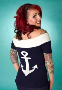 ANCHOR BLUE TOP size 10 - Off the Shoulder Soft Knit Rockabilly Miss Fortune - Picture 1 of 2