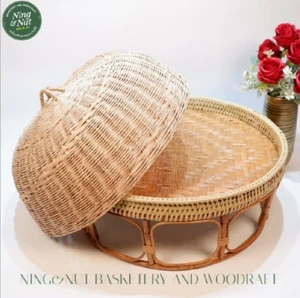 Thai Tablett Rattan Khantoke Tisch + Abdeckung rund Set Handarbeit traditionell Essen Snack - Bild 1 von 8