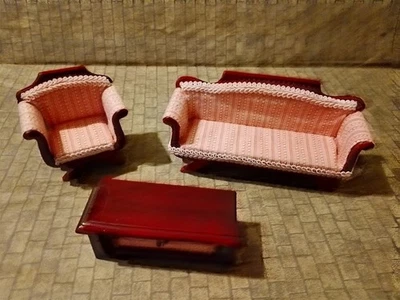 Dolls House Carved Wood Sofa & Chair Set with Opening Trunk Coffee Table  Settee - Image 1 of 4