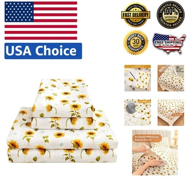 Charming Sunflower Printed Queen Bed Sheets - 4-Piece Soft Microfiber Set - Image 1 of 4