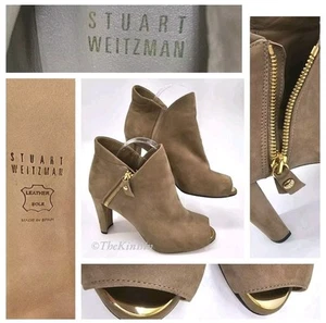 STUART WEITZMAN Size 9.5M JUMP Booties Tan Nubuck Peep Toe Gold Trimmings $498 - Picture 1 of 18