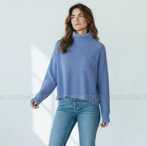 Brunello Cucinelli Women Cashmere Blue Monili Trim Soft Sweater Top size S - Picture 1 of 11