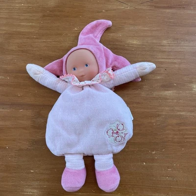 Peluche Doudou Poupée Lutin COROLLE Rose Col Coeur Bras Rayé Hochet Grelot - Photo 1/4