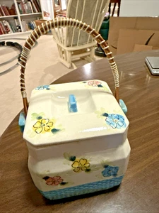 Vtg Ceramic Tea Biscuit Box w/Bamboo Handle and Lid - Arnart, Blue/Flowers - Picture 1 of 9
