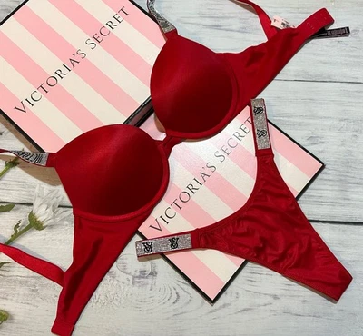 Victoria’s Secret Brillo Correa Rojo Push Up Sujetador Tanga Lencería Conjunto Estrás Regalo Foto 1 de 4