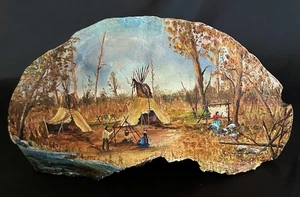 Folk Art Oil Painting On Oyster Mushroom Fungus Fall Native American Scene Vtg - Picture 1 of 11