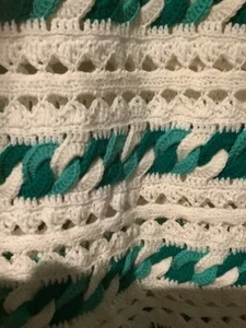 Vintage King Size Hand Made Crocheted Afghan Green/White Blanket 128” X 78” - Picture 1 of 3