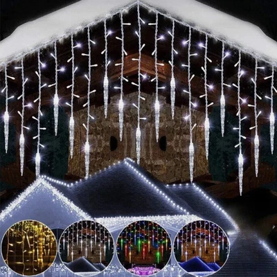 Icicle Christmas Lights Mains LED Timer Indoor Outdoor Xmas Tree Snowing Effect