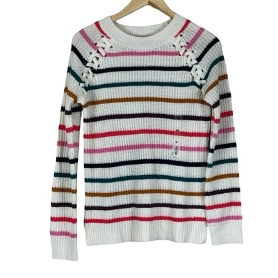 NWT SO Sweater Womens S Multicolor Striped Lace Up Crew Neck Knit Cozy Preppy - Image 1 of 4