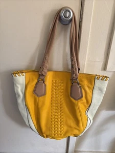 ORYANY Large Yellow w/White Trim Pebbled Leather Hobo Shoulder Tote Bag 3178 - Picture 1 of 5