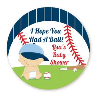Futuro jugador de béisbol caucásico - Etiquetas adhesivas redondas personalizadas para baby shower Foto 1 de 2