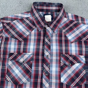 Wrangler Shirt Mens L Blue Red Pearl Snap Western Rodeo Cowboy Plaid Lightweight - Picture 1 of 9
