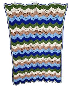 Vtg Throw Blanket Crocheted Scalloped Stripe Afghan 40x 60 Handmade Grandmacore