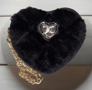 Juicy Couture Get Cozy Heart Wristlet Bag Wallet Zip Around Black Faux Fur - Picture 1 of 7