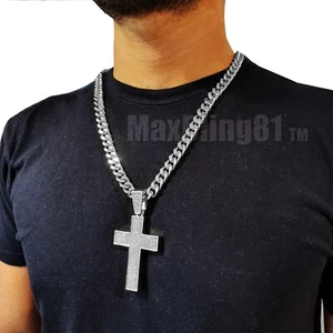 Collana catena cubana croce grande 10 mm argento ghiacciato zirconi gioielli hip hop - Foto 1 di 13