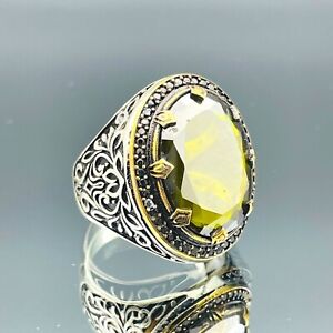 Men's Peridot Green Stone 925 Sterling Silver Ring Turkish Handmade Gift For Him