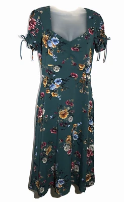 Vintage Y2K Bebop Dress Small Puff Sleeves Green Floral Dark Romantic Fairy Goth - Image 1 of 4