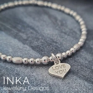 925 Sterling Silver Love You charm Stretchy Beaded Stacking Bracelet By INKA - Picture 1 of 8