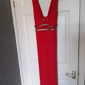 house of CB Red Low V Plung Embossed Gold Side Split Xmas Maxi Dress Size UK XS - Picture 1 of 14