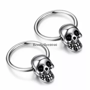 2pcs Punk Rock Polish Silver Stainless Steel Men's Boys Skull Hoop Earrings Set - Picture 1 of 4