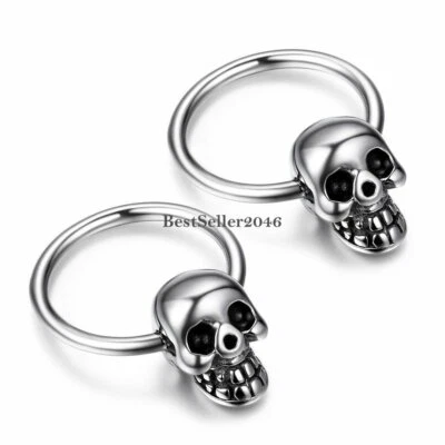 2pcs Punk  Rock Polish Silver Stainless Steel Men's Boys Skull Hoop Earrings Set - Image 1 of 4