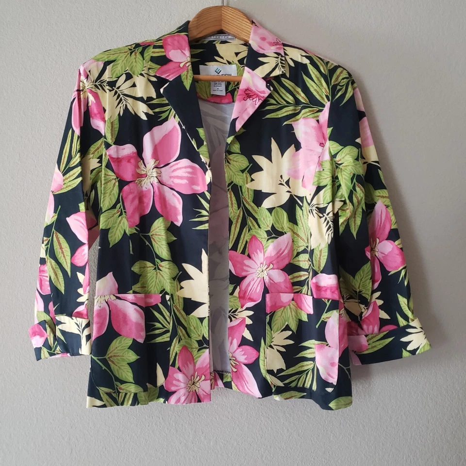 Erin London Tropical Blazer Size Medium Stretch 3/4 Cuff Sleeve Bold Pink Black - Image 1 of 4