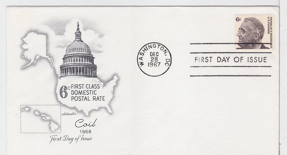 TurtlesTradingPost- Franklin D Roosevelt #1298 Coil -1967 FDC- Artmaster Cachet - Image 1 of 1