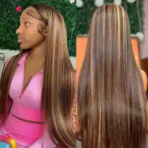 Pelucas de cabello humano liso de color frontal de encaje completo Highlight HD P4/27 - Imagen 1 de 12