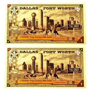 LOT 2 X 1 DALLAS FORT WORTH TEXAS GOLDBACK 24K GOLD AURUM NOTES 1/1000 OZ BU - Bild 1 von 10
