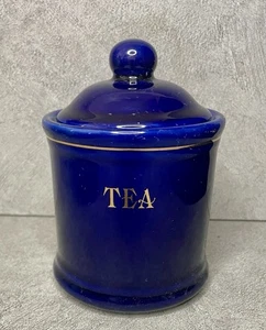 Bote de almacenamiento de té vintage SSI Taiwan con tapa, azul con borde dorado - Imagen 1 de 15