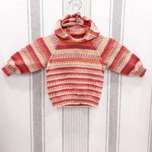 Hand Knit Hoodie Sweater Kids Sz 4 / 6 Colorful Striped Warm Handmade - Picture 1 of 5