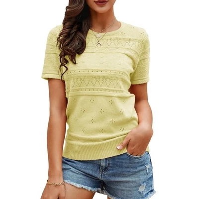 Suéter feminino tamanho extra grande XL amarelo manga curta pulôver casual top - Imagem 1 de 4