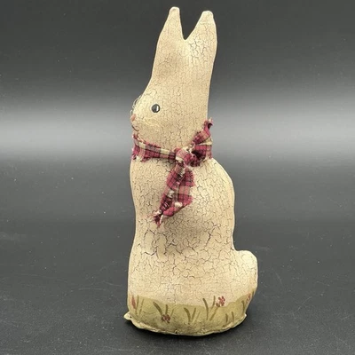 Primitive Style Crackle Canvas Stitched Rabbit Bunny with Bow Easter Bunny - Image 1 of 4