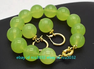 14mm Natural Green Peridot Round Beads Gemstone Bracelet Earrings 7.5 inch - Picture 1 of 12