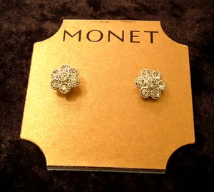 Monet Crystal Flower Earrings Silver Tone Pierced NWT - Picture 1 of 2