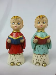Pr Vtg Mid Century Caroling Carolers Boys Figurines Aqua Red Japan - Picture 1 of 7