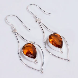 Hessonite Garnet Stone Ethnic Handmade 925 Sterling Silver Earrings 2.3" M698 - Picture 1 of 5