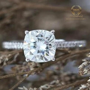 Cushion Cut 2.50 Carat Moissanite Solitaire Engagement Ring Solid 14K White Gold - Picture 1 of 9