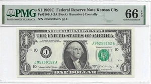 1969C $1 KANSAS CITY FRN. PMG GEM Uncirculated 66 EPQ Banknote. J/A Block - Picture 1 of 2