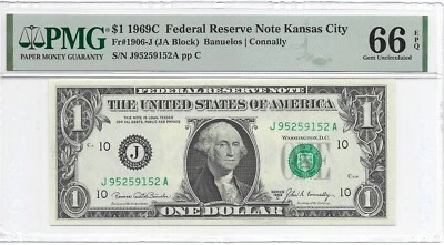 1969C $1 KANSAS CITY FRN. PMG GEM Uncirculated 66 EPQ Banknote. J/A Block - Image 1 of 2
