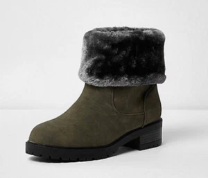 RIVER ISLAND ANKLE BOOT SUEDE LIKE GREY FAUX FUR CUFF KHAKI MILITARY UK 4 RRP£45 - Picture 1 of 6