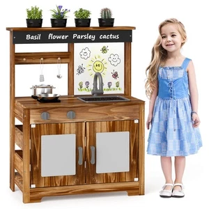 Kids Mud Kitchen Set with Removable Sink Faucet Dual Stoves 4 Planting Pots - Picture 1 of 10