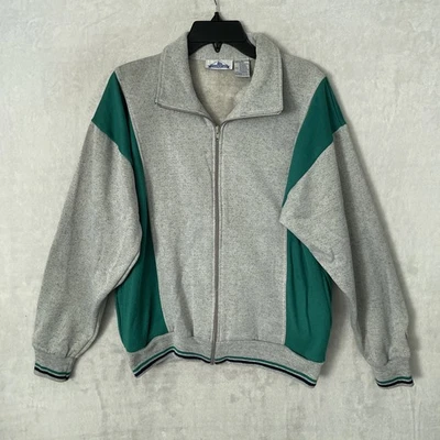 Moletom Trader Bay masculino zíper completo cinza verde geométrico M mistura de algodão vintage anos 90 - Imagem 1 de 4