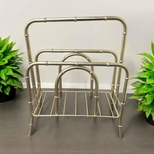 Vintage Magazine Rack MCM Hollywood Regency Metal Faux Bamboo Brass Finish READ - Picture 1 of 10