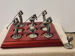 VINTAGE MINIATURE 11 PIECE TIC TAC TOE PEWTER SET GOLFERS, BALLS & WOODEN BASE - Picture 1 of 20