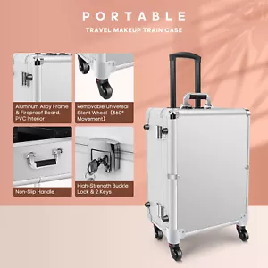 Rolling Cosmetic Case 21'' 8 Led Makeup Train Case with Mirror Stand (Silver) - Picture 1 of 7