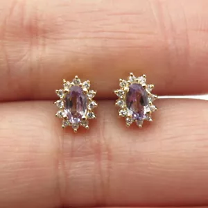 925 Sterling Silver Gold Plated Real Peacock Sapphire & C Z Stud Earrings - Picture 1 of 7