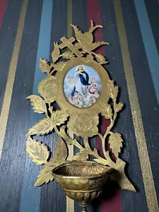 Brass Holy Water Font, 19th C., With A Hand Painted Porcelain Plaque - Picture 1 of 24