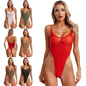 Women Oil Silky High-Cut Bikini Thong Bodysuit One Piece Swimwear Teddy Leotards - Picture 1 of 52